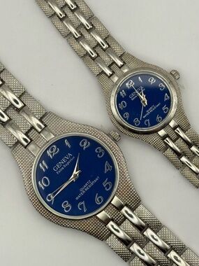 Geneva His & Hers Quartz Movement Watch Set Silver with Blue Dial (New Battery)